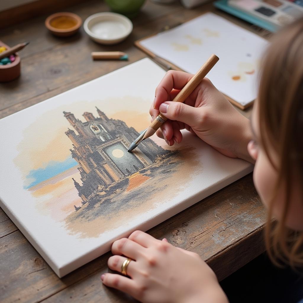 Artist Using Pastel Pencils on Canvas