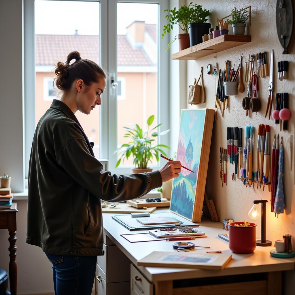 Artist working in a studio with a pegboard organizer