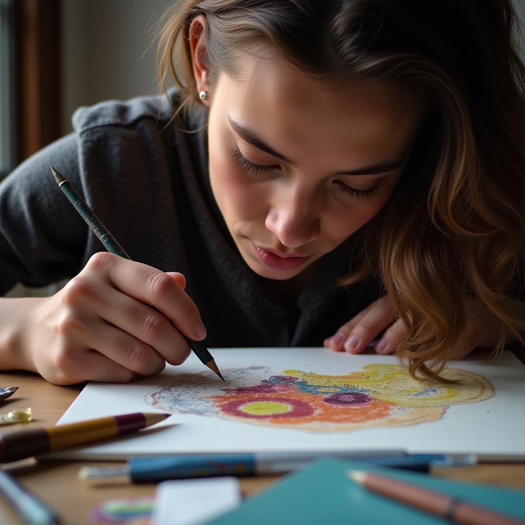 An artist engrossed in their work at an international art workshop