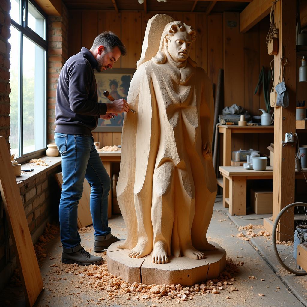 Artist Working on Freestanding Wood Sculpture