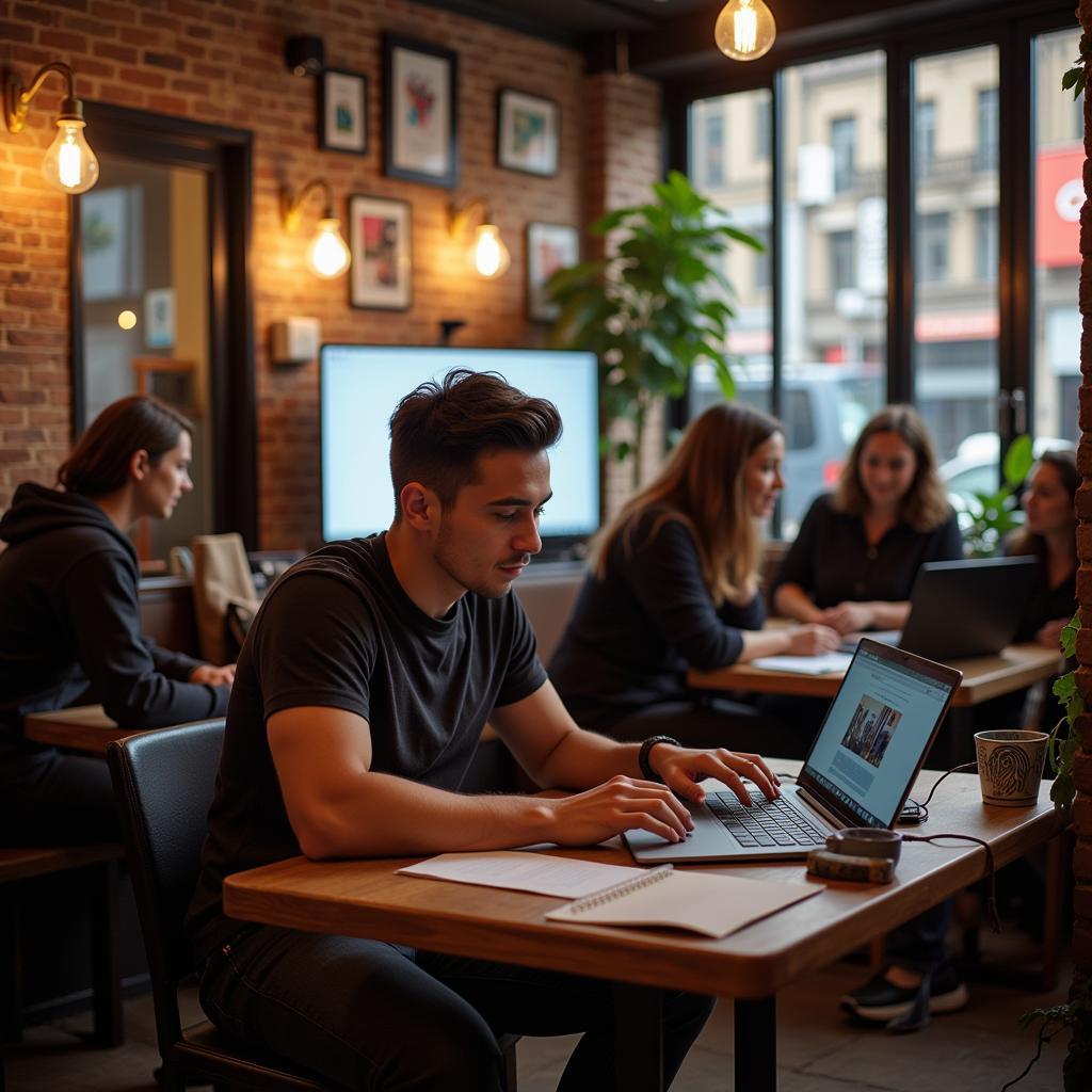 Artist Working on Laptop in City Cafe