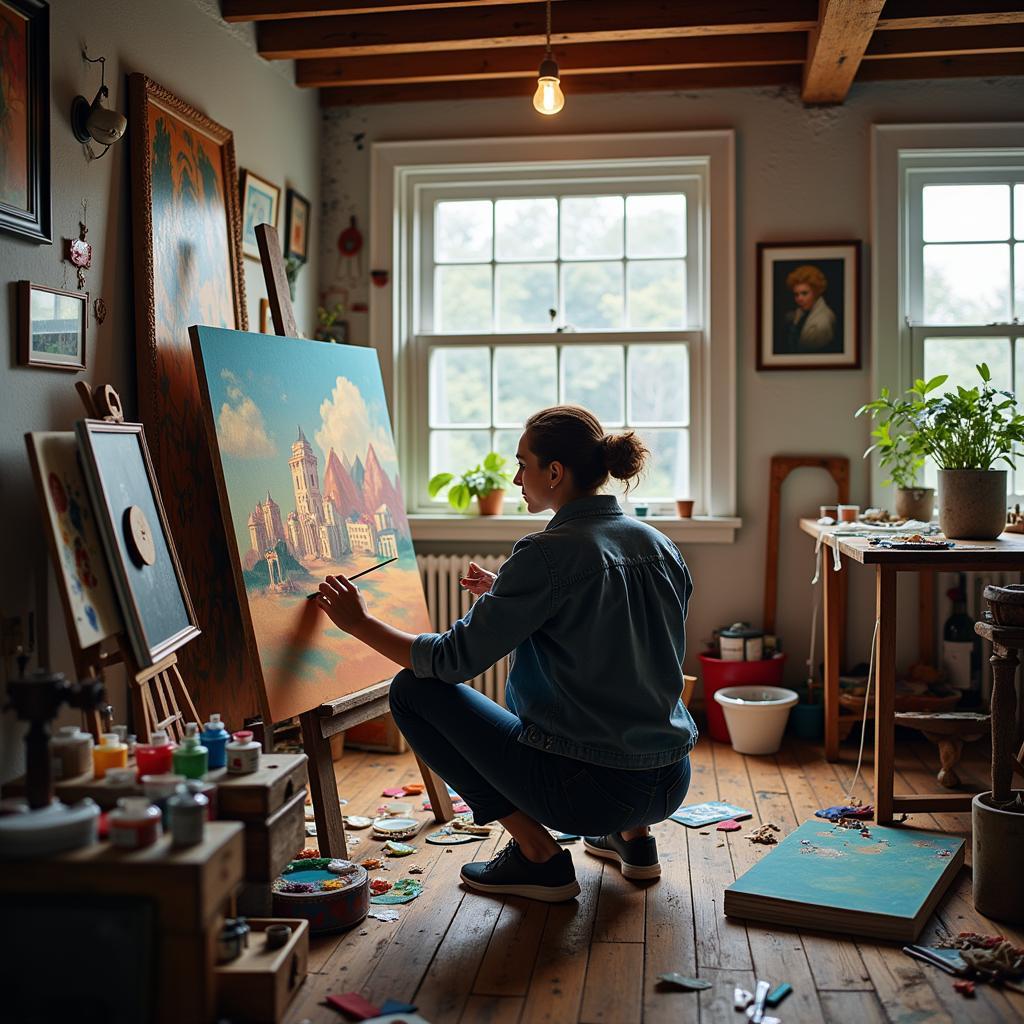 Artist working on an oil painting in a studio, surrounded by art supplies.