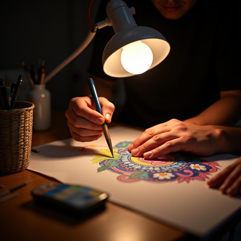 Artist Working with Optimal Desk Lamp Lighting