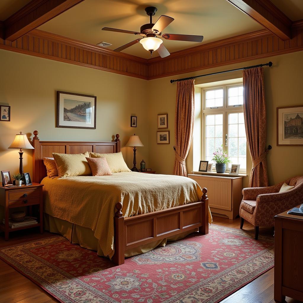 An Arts and Crafts style bed in a cozy bedroom.