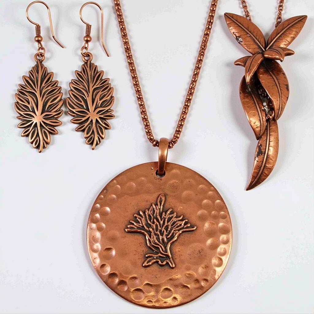 Arts and crafts copper jewelry: A close-up of intricate copper earrings and a necklace showcasing the beauty and craftsmanship of copper.