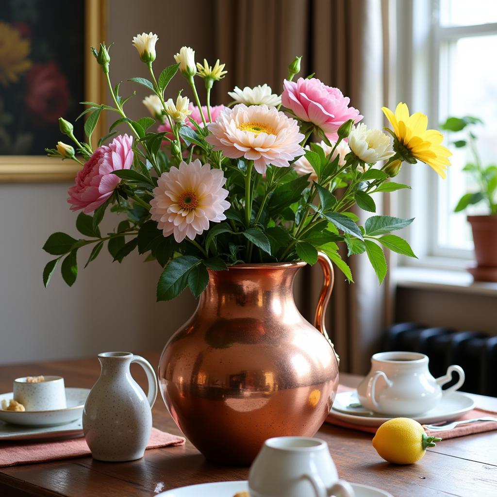 Arts and Crafts Copper Jug with Flower Arrangement