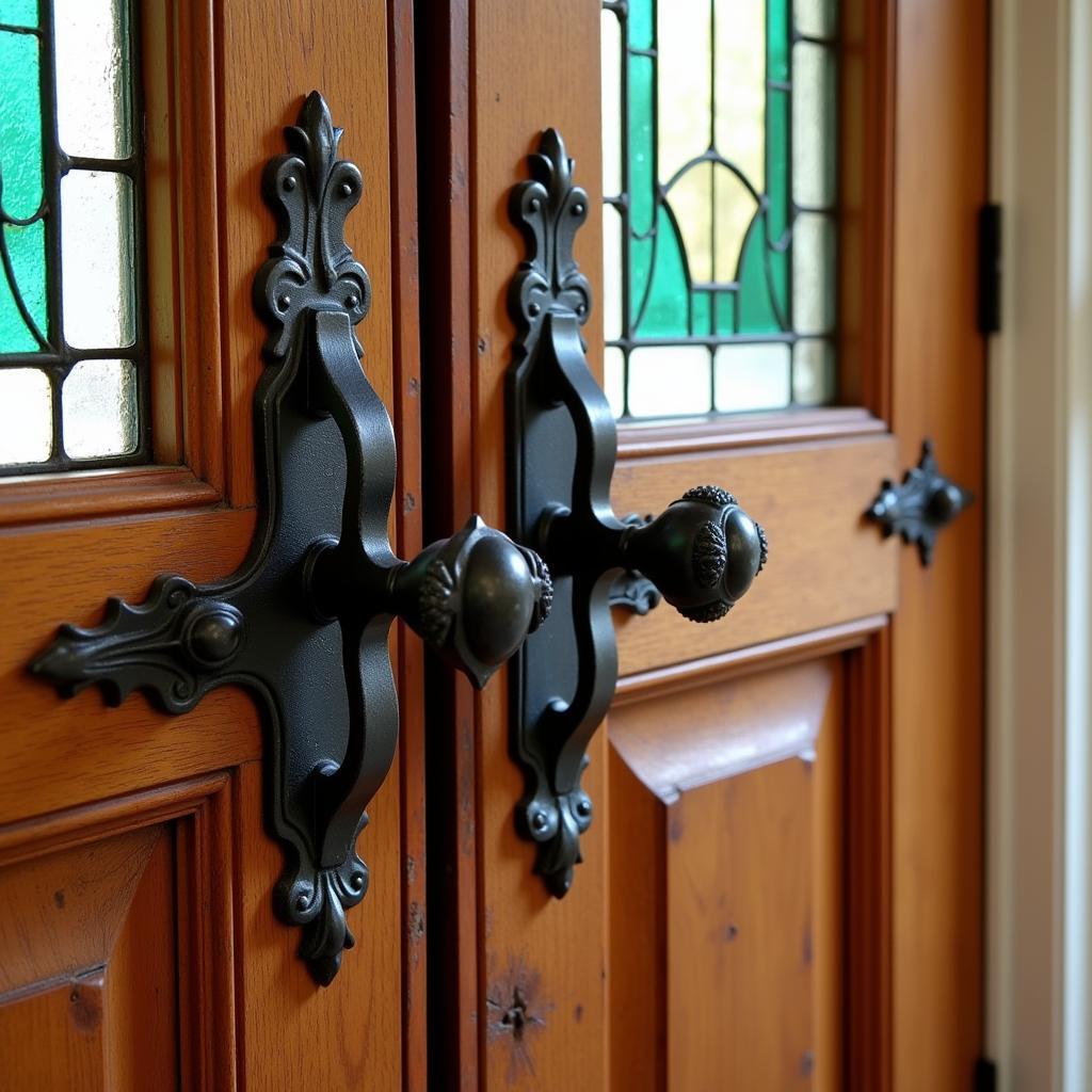 Close-up view of the intricate hardware and details on an Arts and Crafts style door.