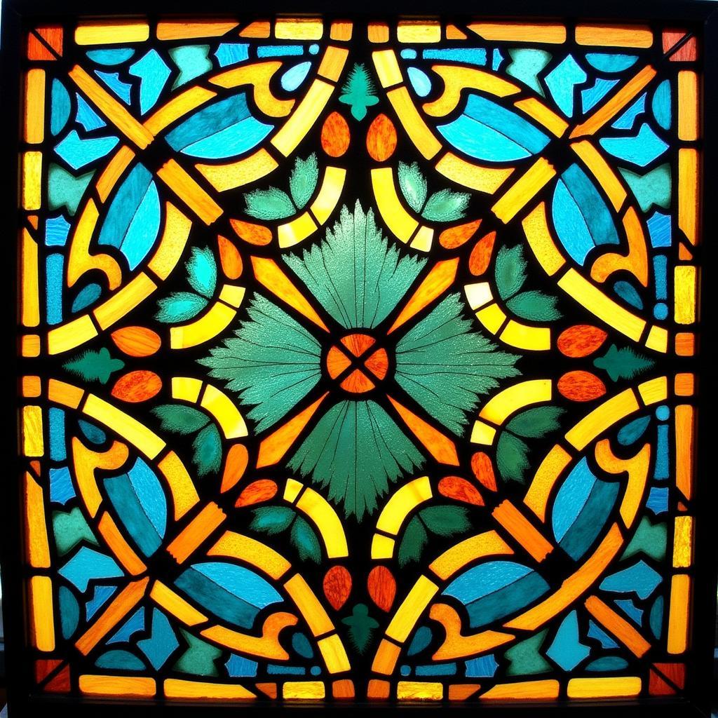 Arts and Crafts Stained Glass Panel with Geometric Pattern