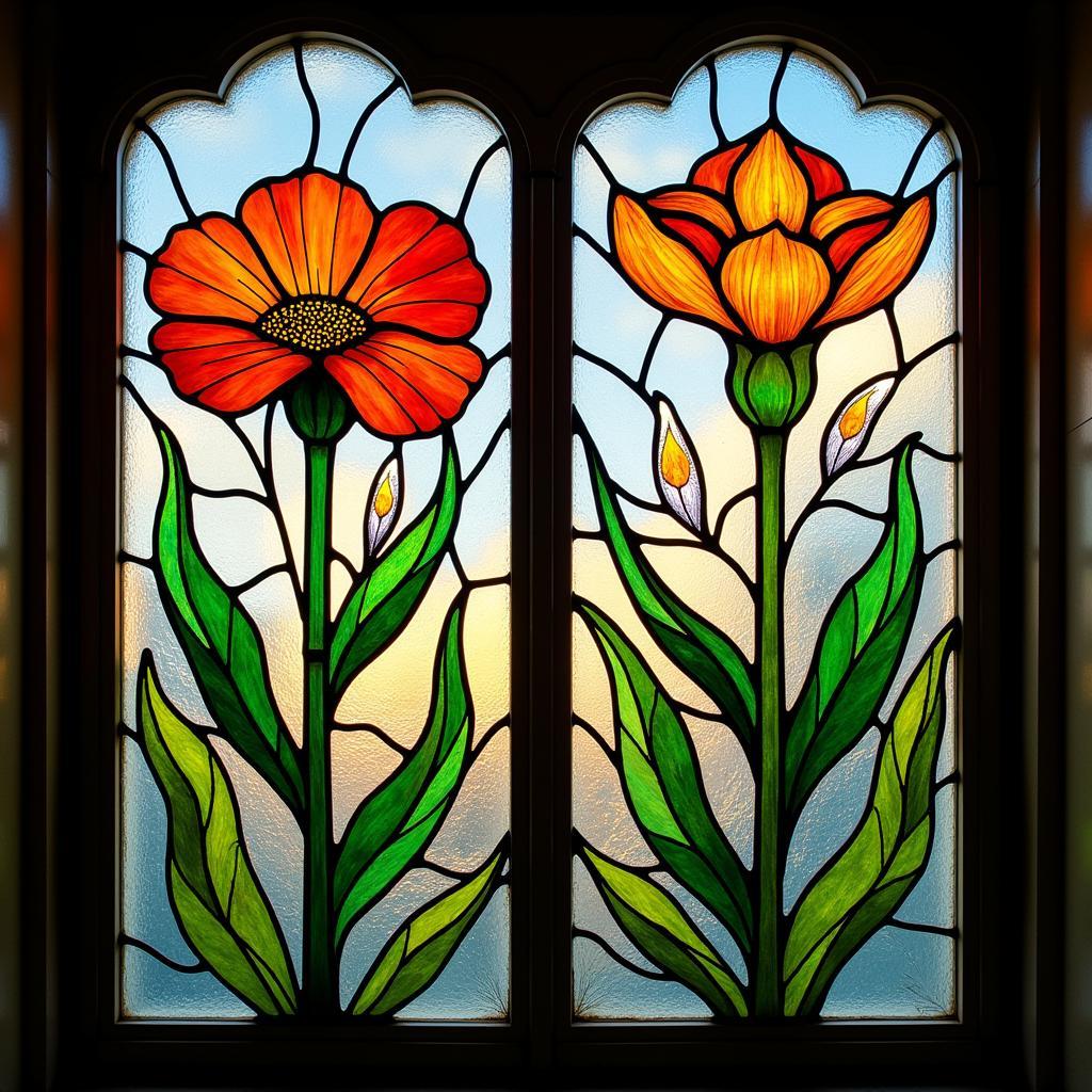 Arts and Crafts Stained Glass Window with Nature and Floral Design