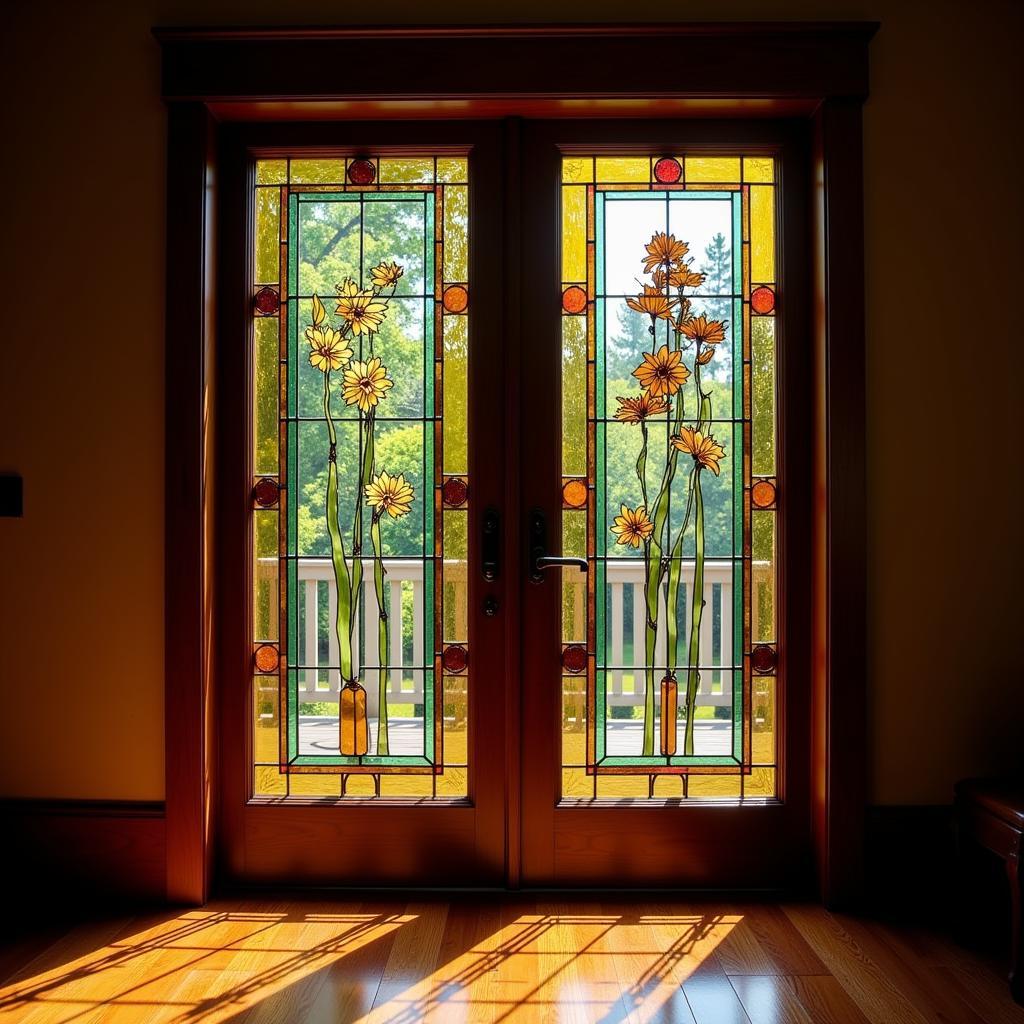 Stained glass window treatment in a craftsman style home, featuring geometric patterns and earthy tones.