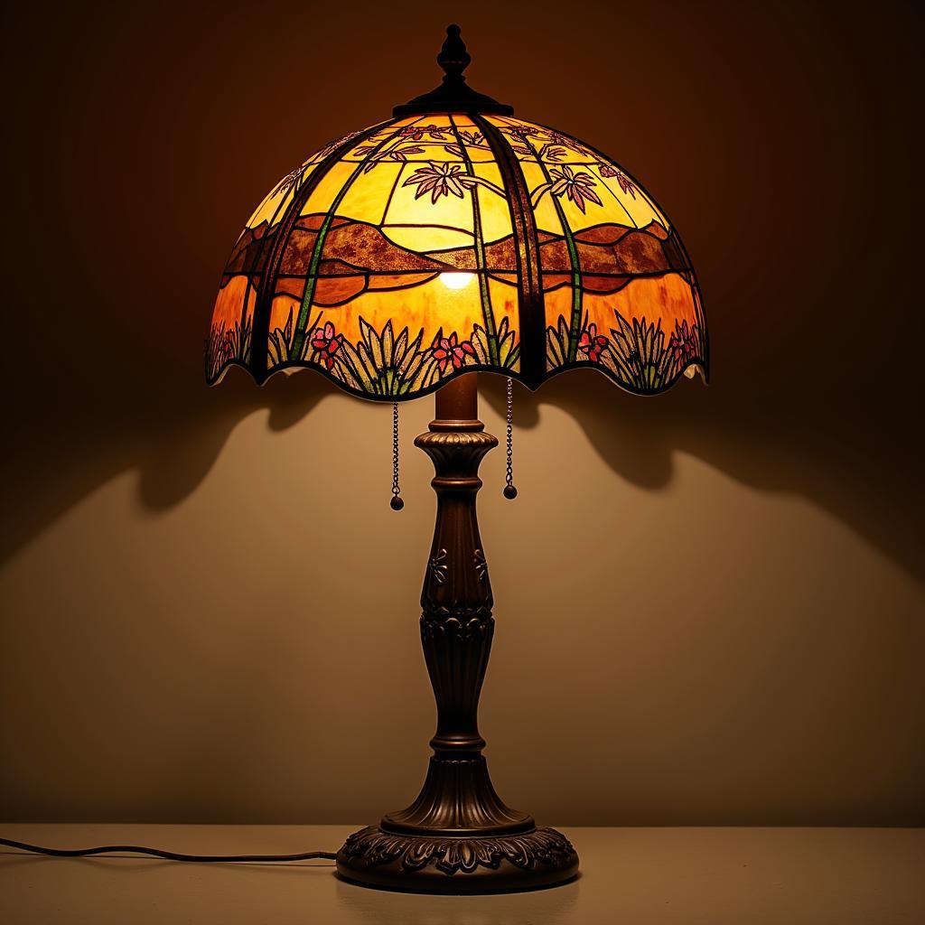 Arts & Crafts Table Lamp with Stained Glass and Mica Shade