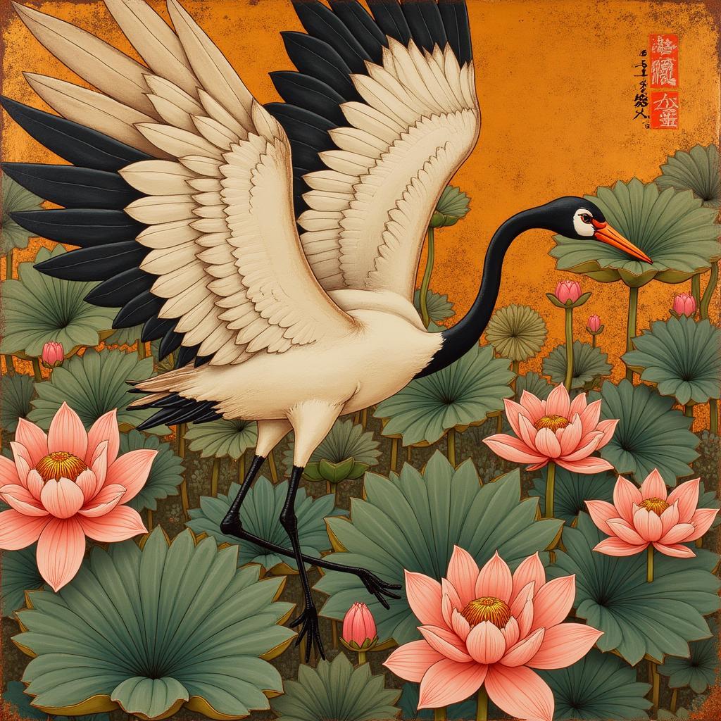 Symbolic motifs found in Asian art panels, such as cranes, lotus flowers, and dragons.