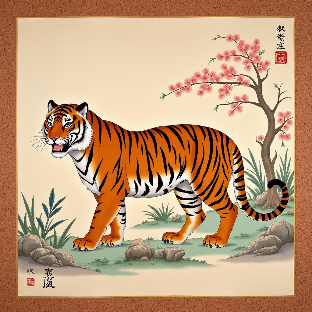 Traditional Asian painting of a tiger on a scroll