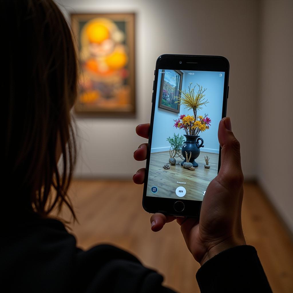 Augmented reality art exhibition with mobile phone interaction.