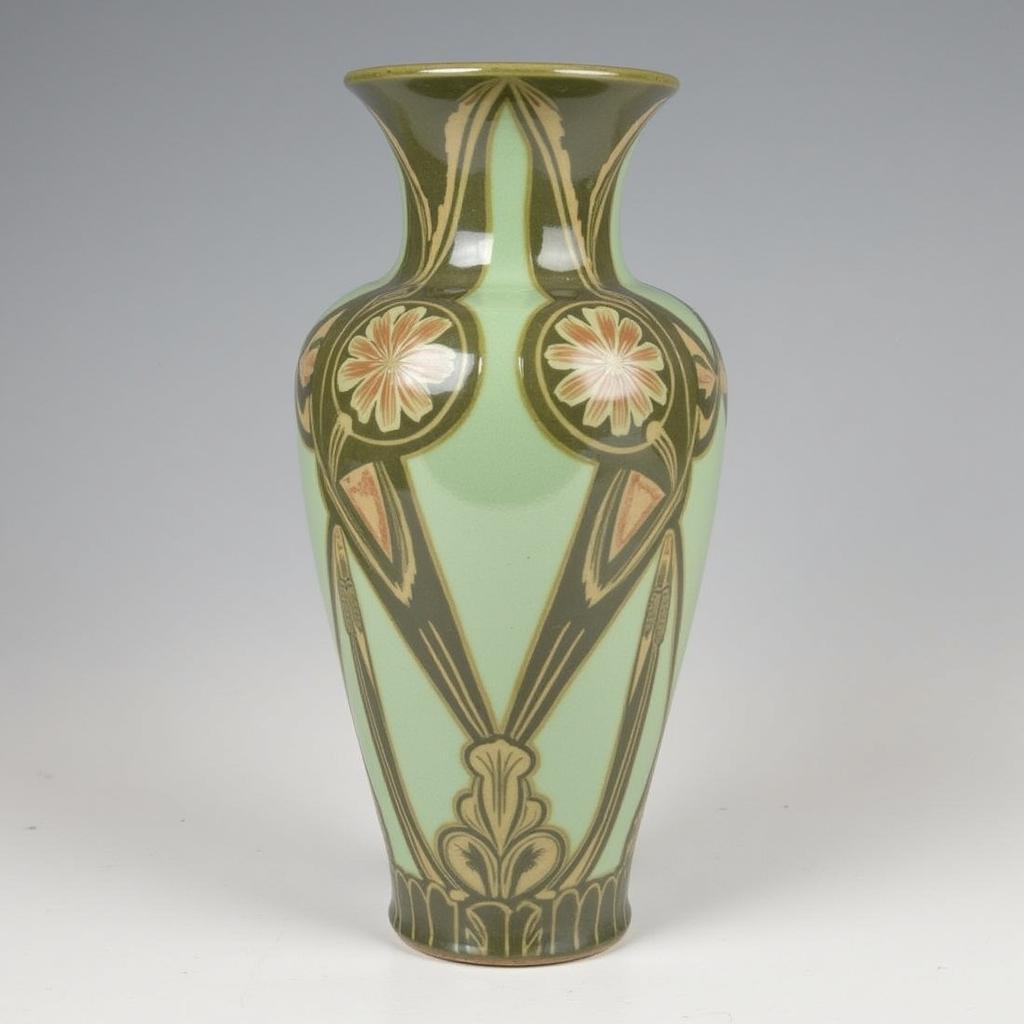 An authentic art deco fan vase showcasing typical materials and motifs like ceramic, geometric patterns, and stylized flora.