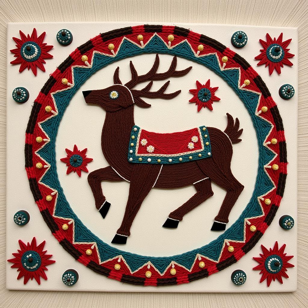 Authentic Huichol yarn painting depicting a deer spirit.