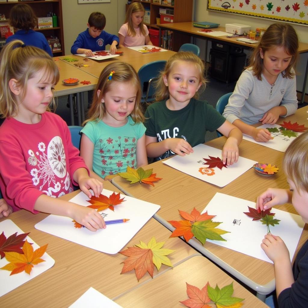 Preschoolers engaged in autumn leaf art activities