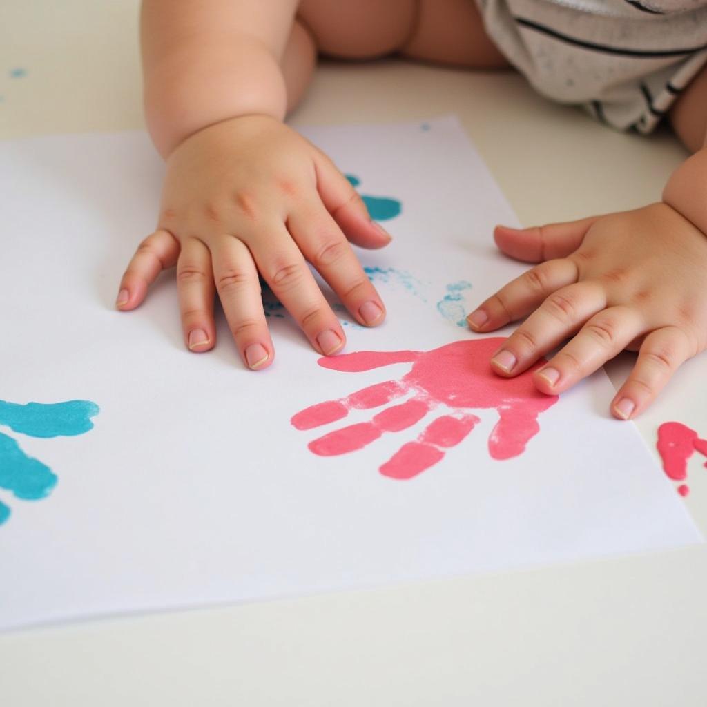 Baby making handprints with non-toxic paint