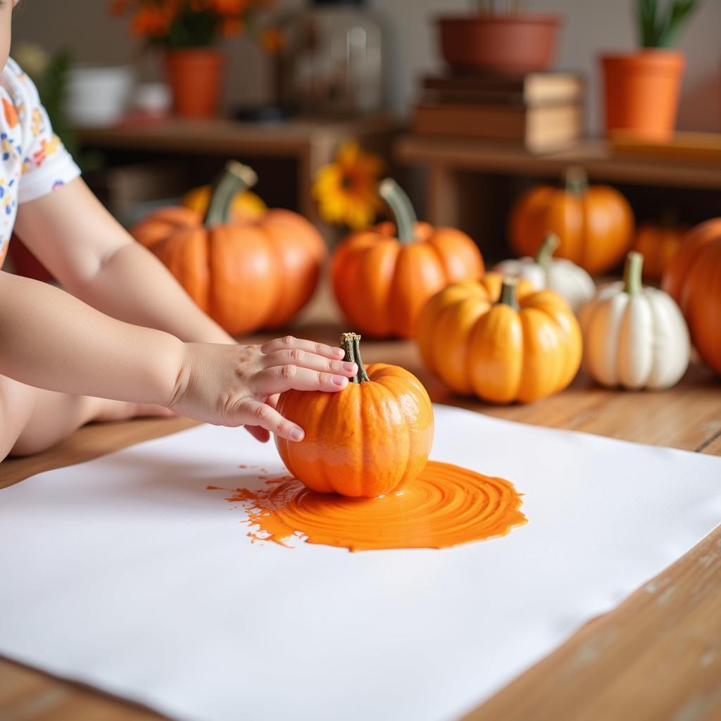 Baby Creating Pumpkin Stamp Art with Parent's Help