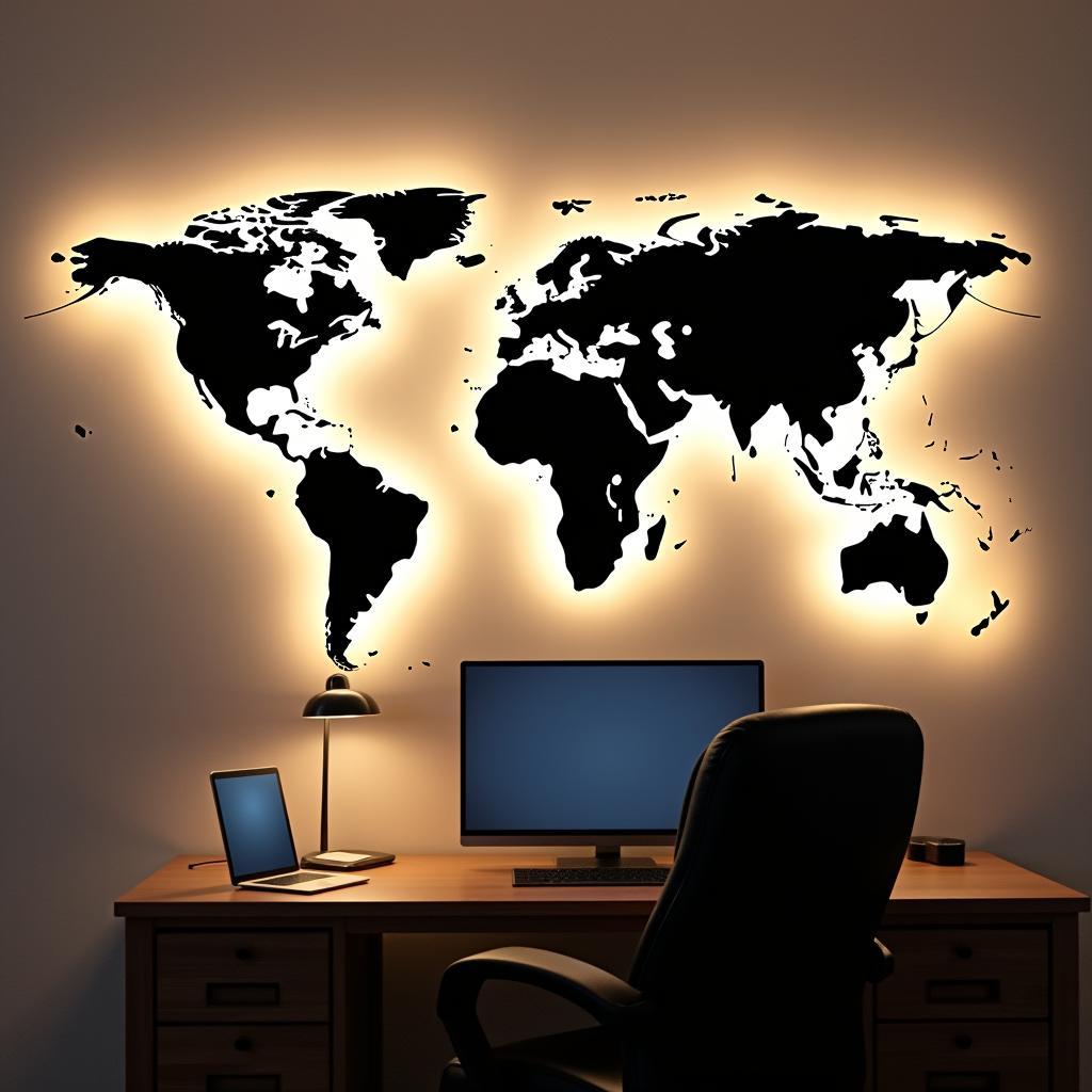 Backlit metal world map wall art in a home office