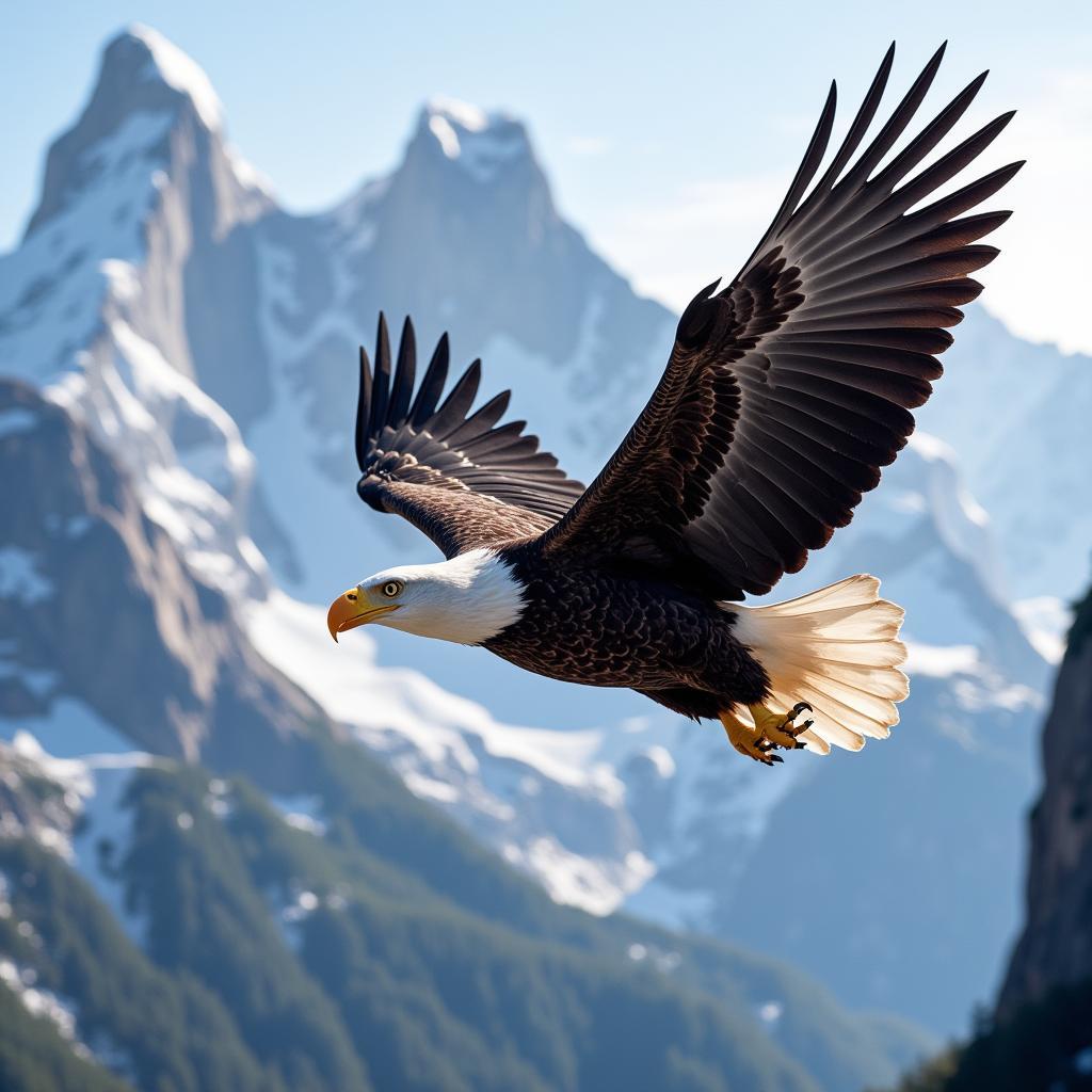 Bald Eagle Soaring Above Mountain Peaks