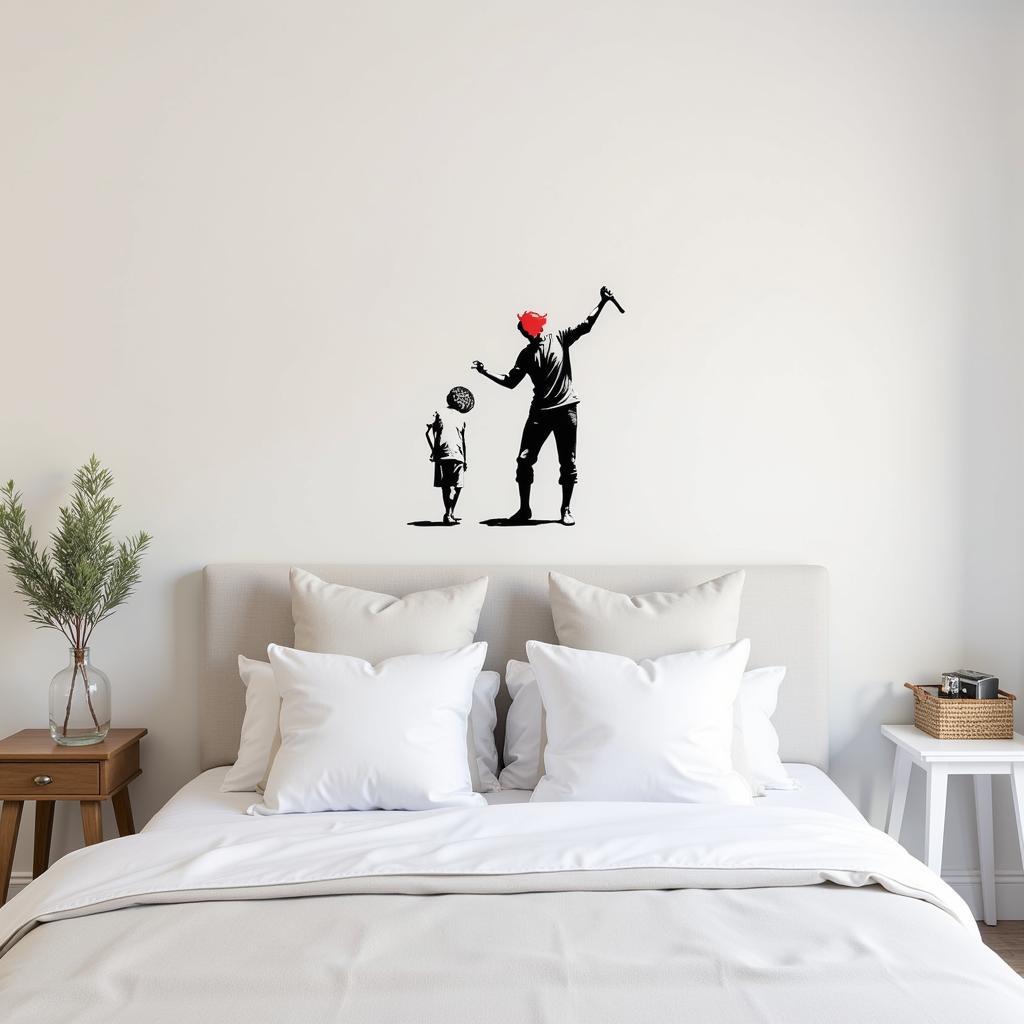 Banksy Flower Thrower Wall Sticker in a Minimalist Bedroom