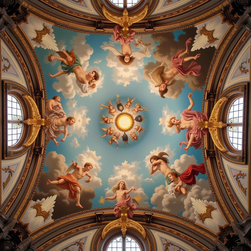 A Baroque ceiling fresco depicting a biblical scene, illustrating the use of dramatic perspective and dynamic composition.