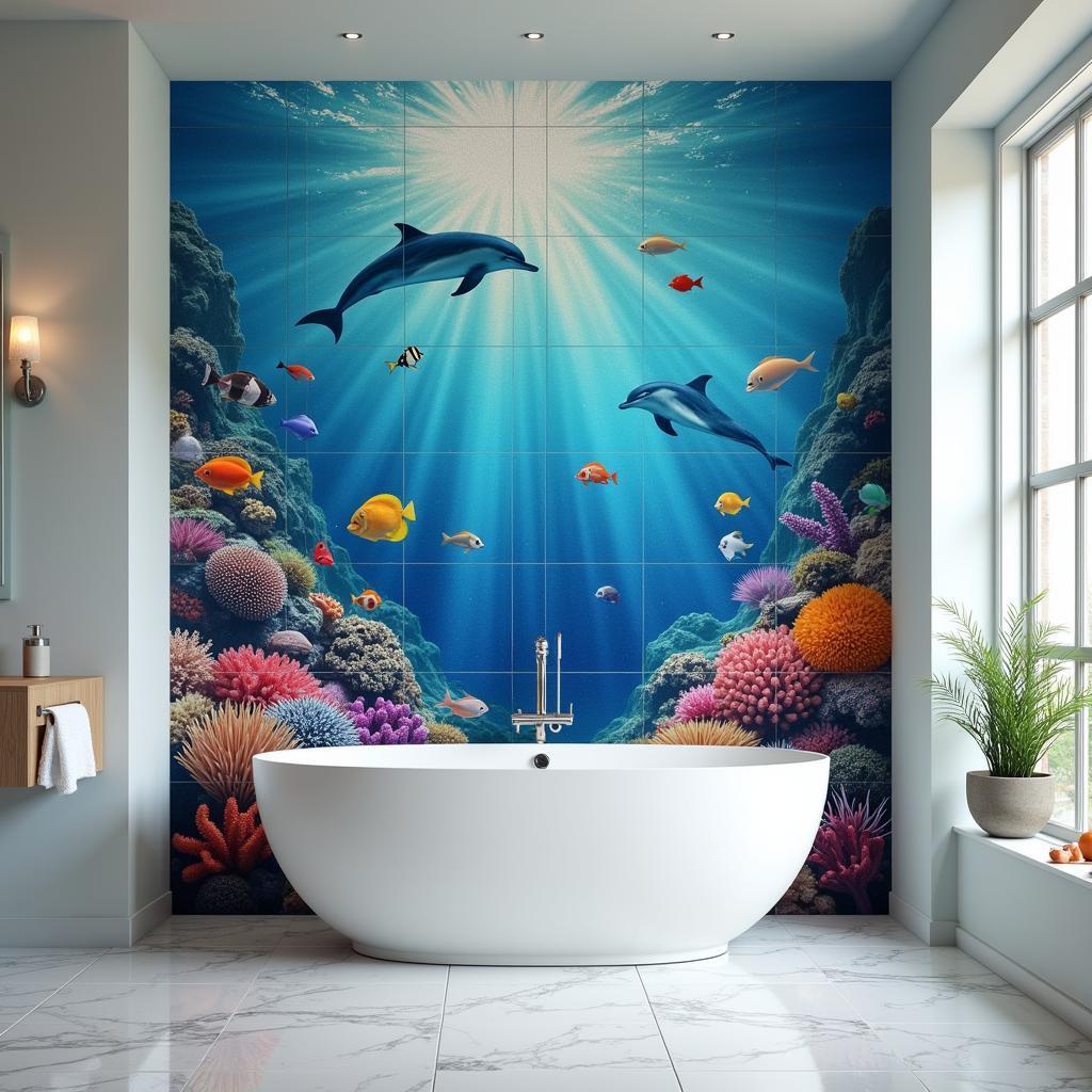 Ocean-Themed Tile Mural in a Bathroom