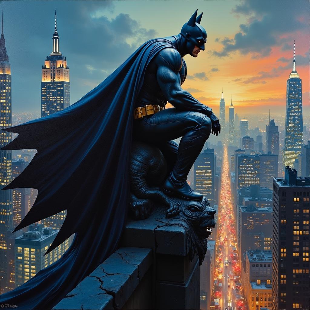 Batman Oil Painting: Dynamic Pose Against Gotham Cityscape