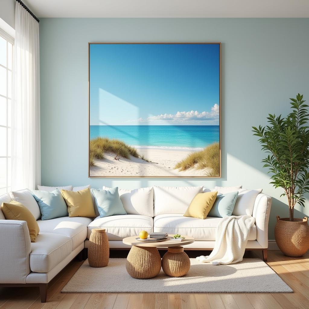 Beach and coastal wall art in a living room setting