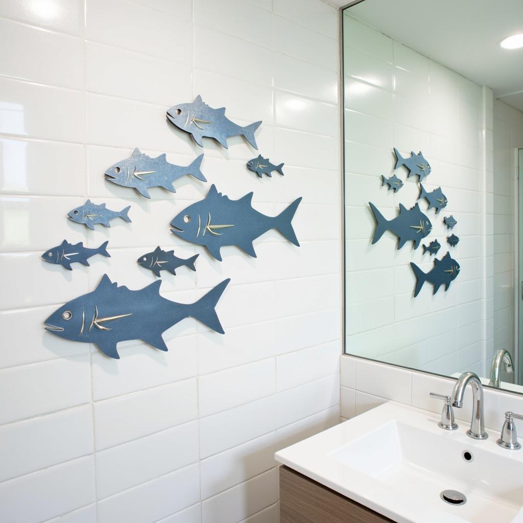 Beachy metal wall art in a bathroom setting