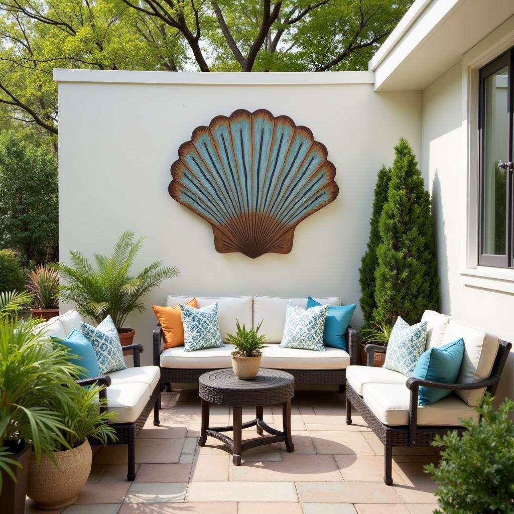 Beachy metal wall art on an outdoor patio