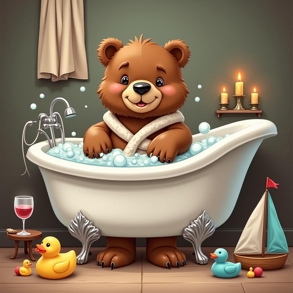 A brown bear relaxing in a bubble bath, surrounded by bath toys and candles.