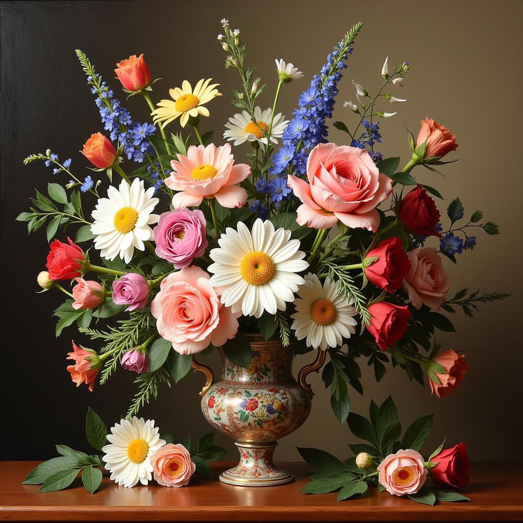 Still life painting of a vibrant and diverse bouquet of flowers, showcasing artistic skill in capturing the beauty and detail of various floral species.