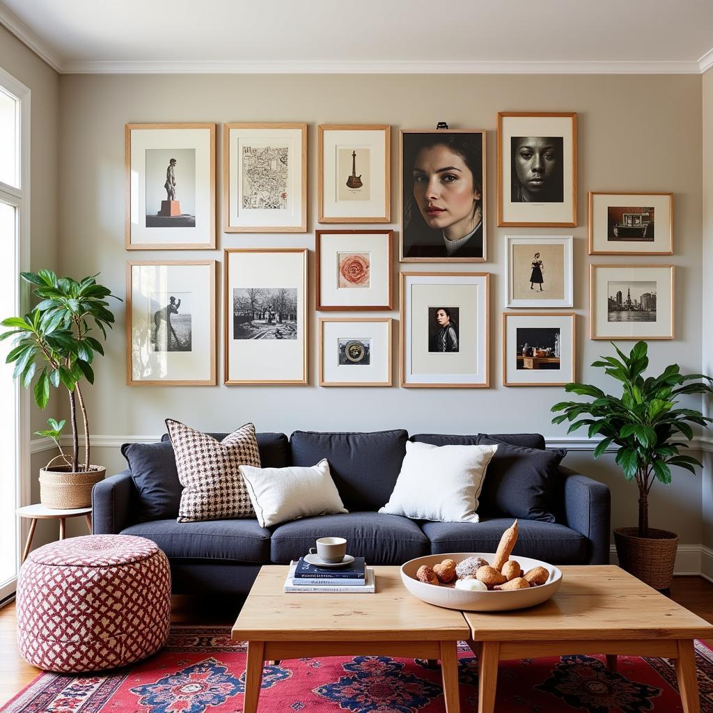 Beige and Black Gallery Wall in an Eclectic Living Room