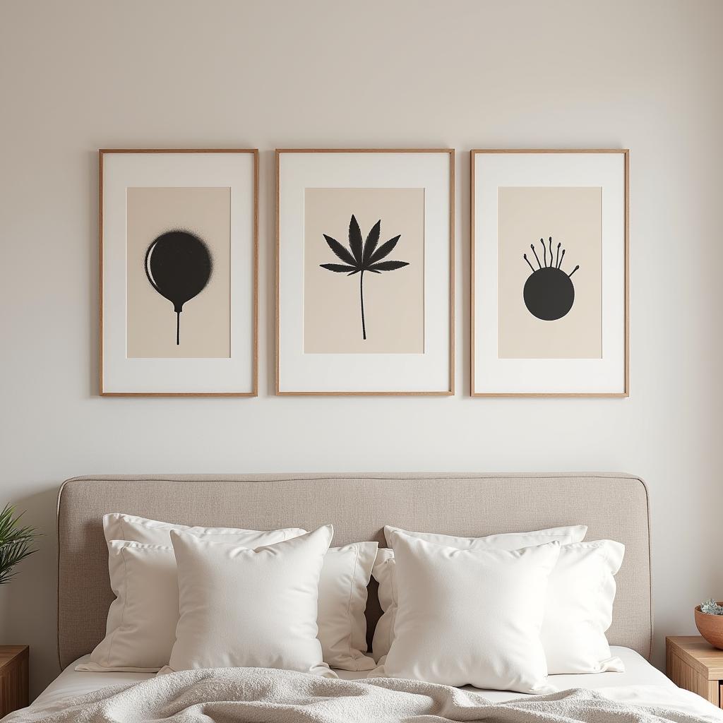 Beige and Black Minimalist Wall Art in a Serene Bedroom