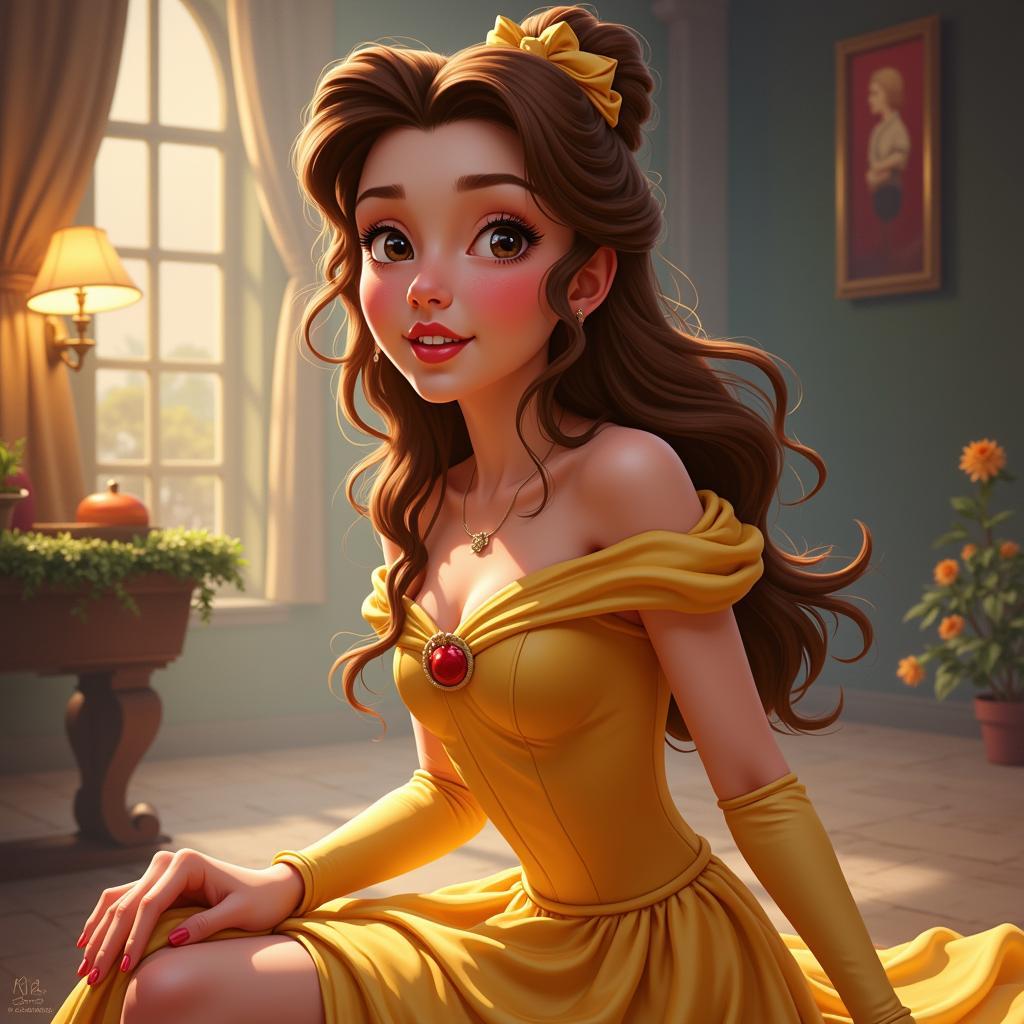 Digital painting of Belle in a romantic style, highlighting the soft lighting and delicate details