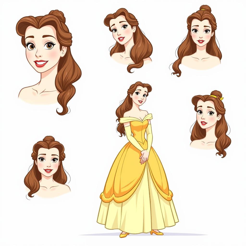 Early concept sketches of Belle exploring different hairstyles and expressions