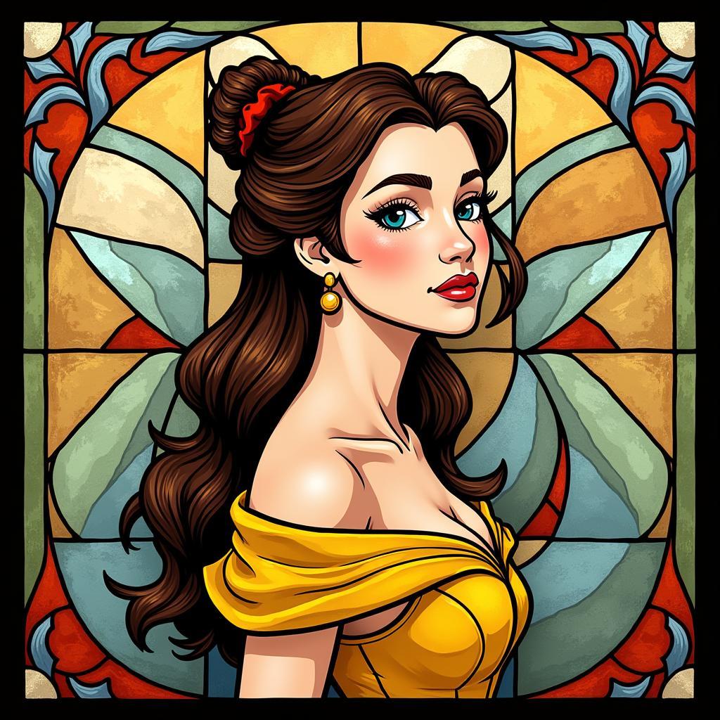 Modern interpretation of Belle in stained glass art, emphasizing bold colors and geometric patterns