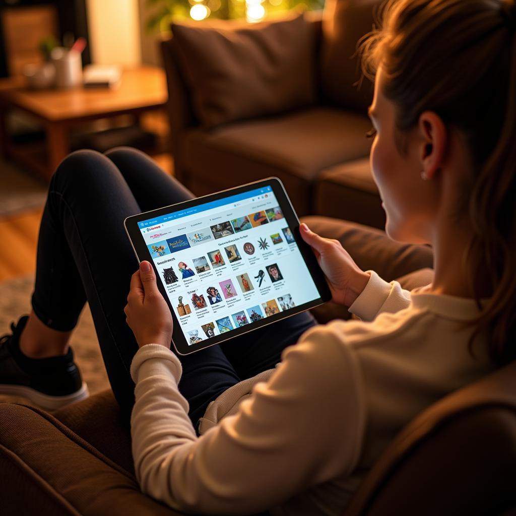 A person browsing art supplies on a tablet while sitting on a comfortable couch.