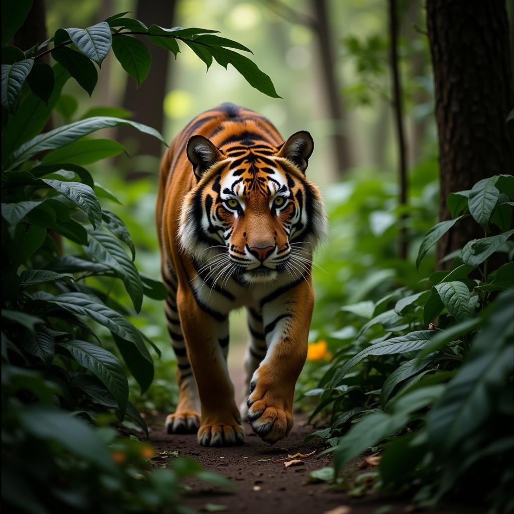 Bengal Tiger Prowling Through Jungle Undergrowth