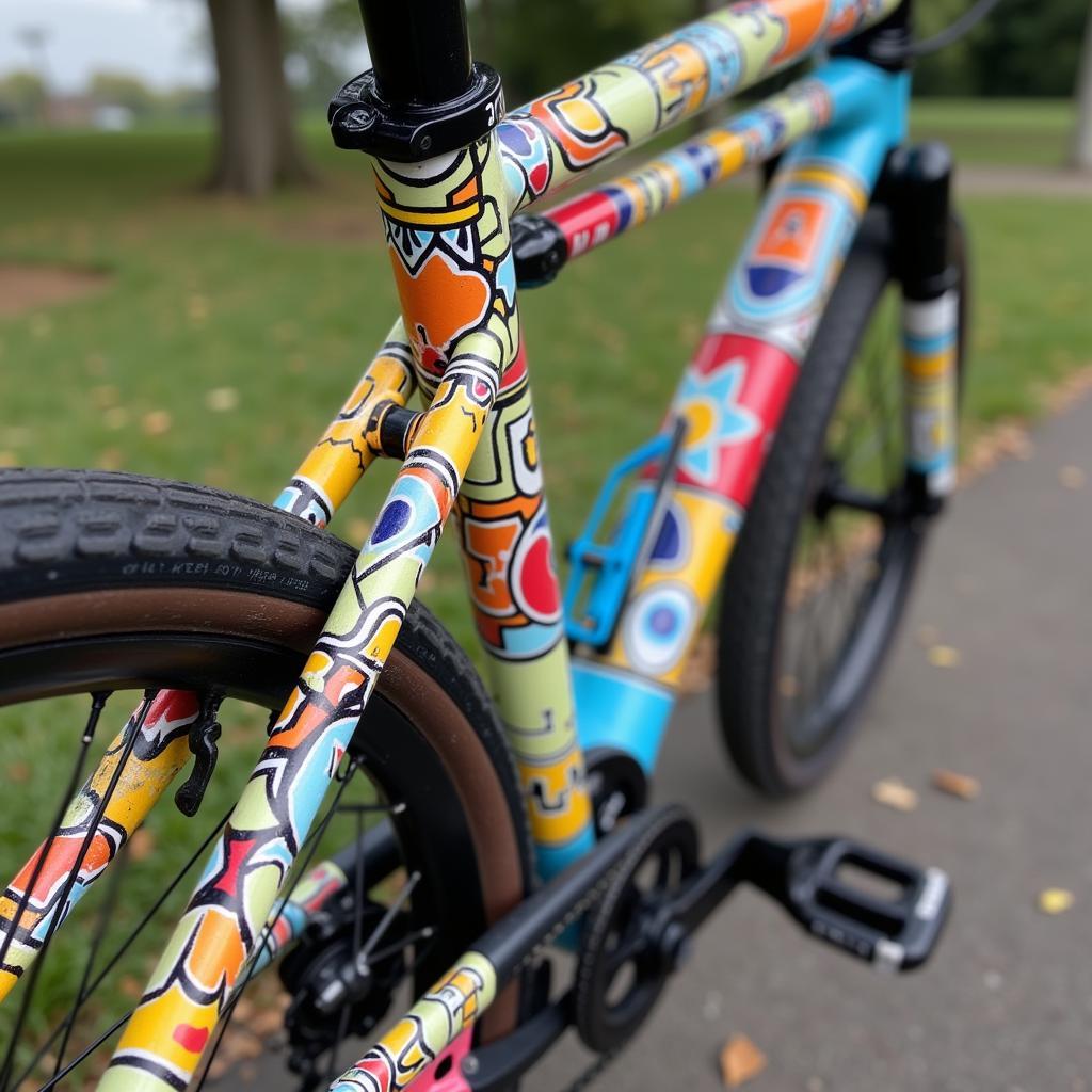 Bicycle art painting with colorful and intricate designs.