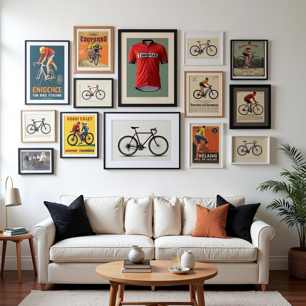 Gallery wall showcasing various bike art prints, including vintage posters, modern graphic designs, and framed jerseys, in a cyclist's living room.