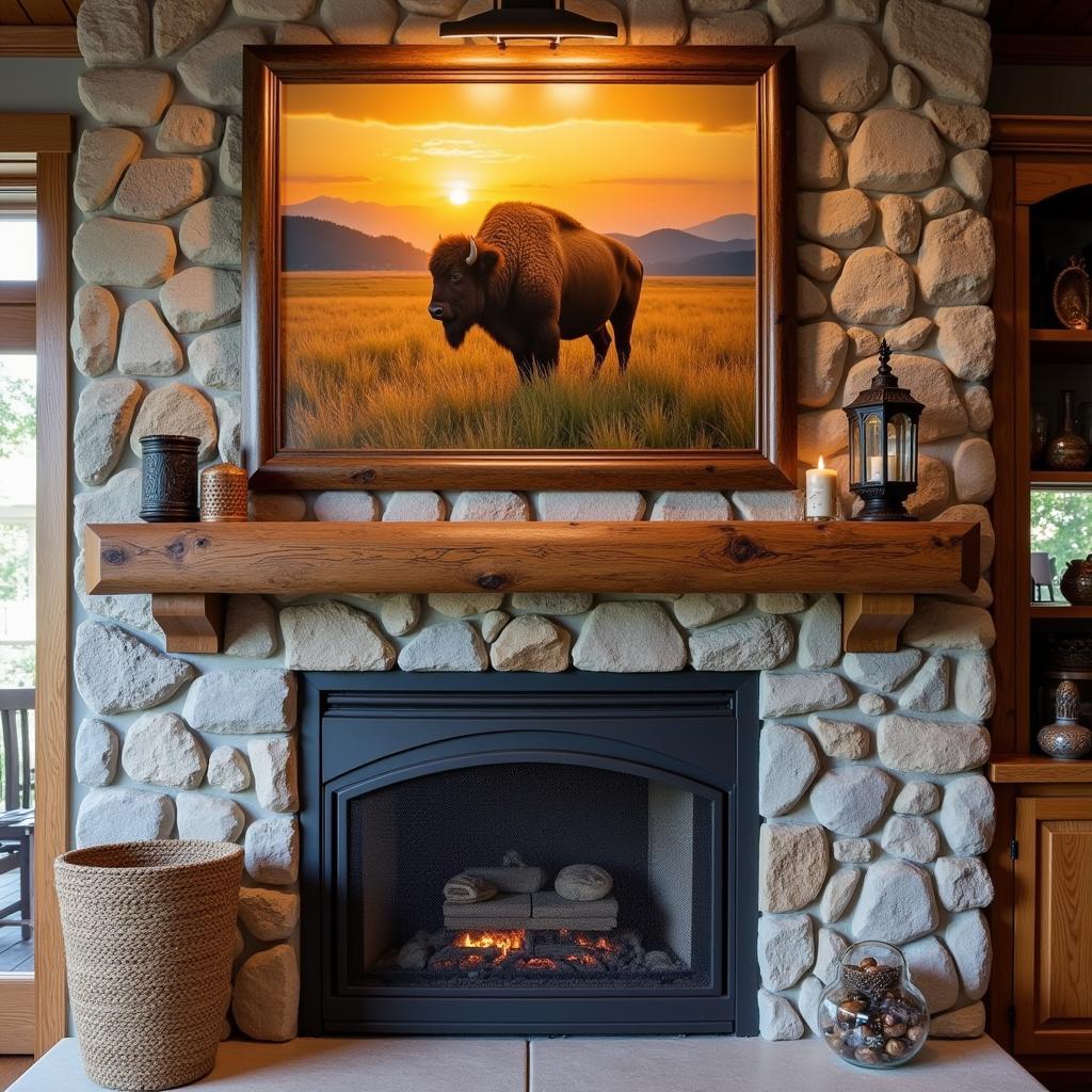 Bison Framed Art in a Rustic Living Room