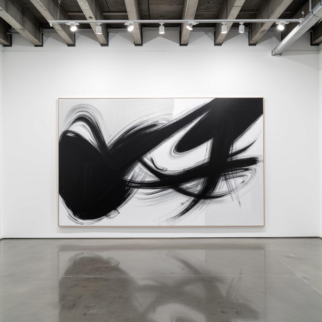 Black and white abstract art on a large scale transforms a gallery space.