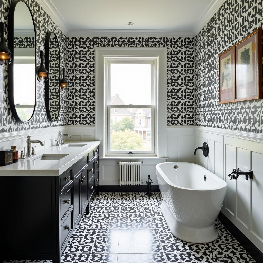 Black and white geometric tiles on the bathroom floor and walls, showcasing a classic Art Deco pattern.