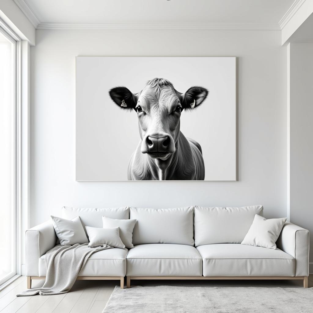 Black and white cattle wall art in a modern interior