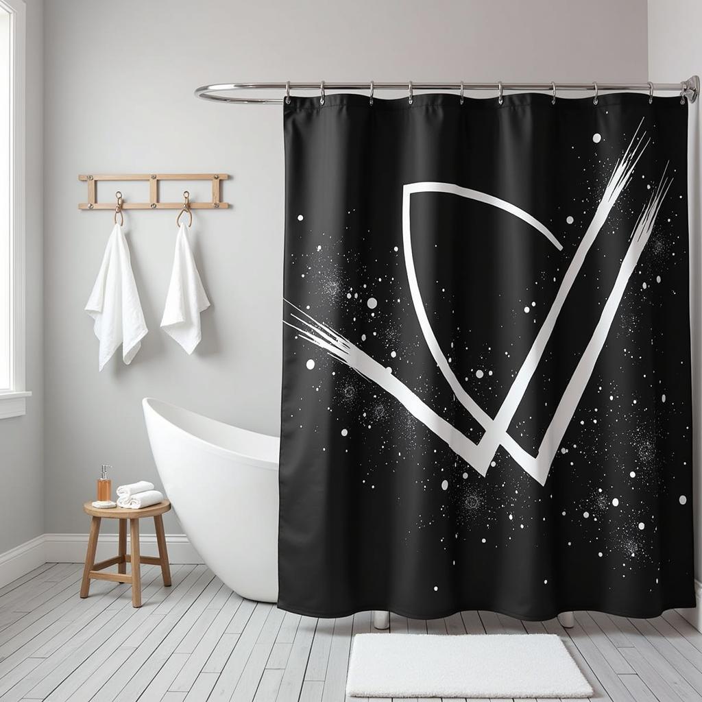 Modern bathroom with a black art shower curtain featuring abstract design