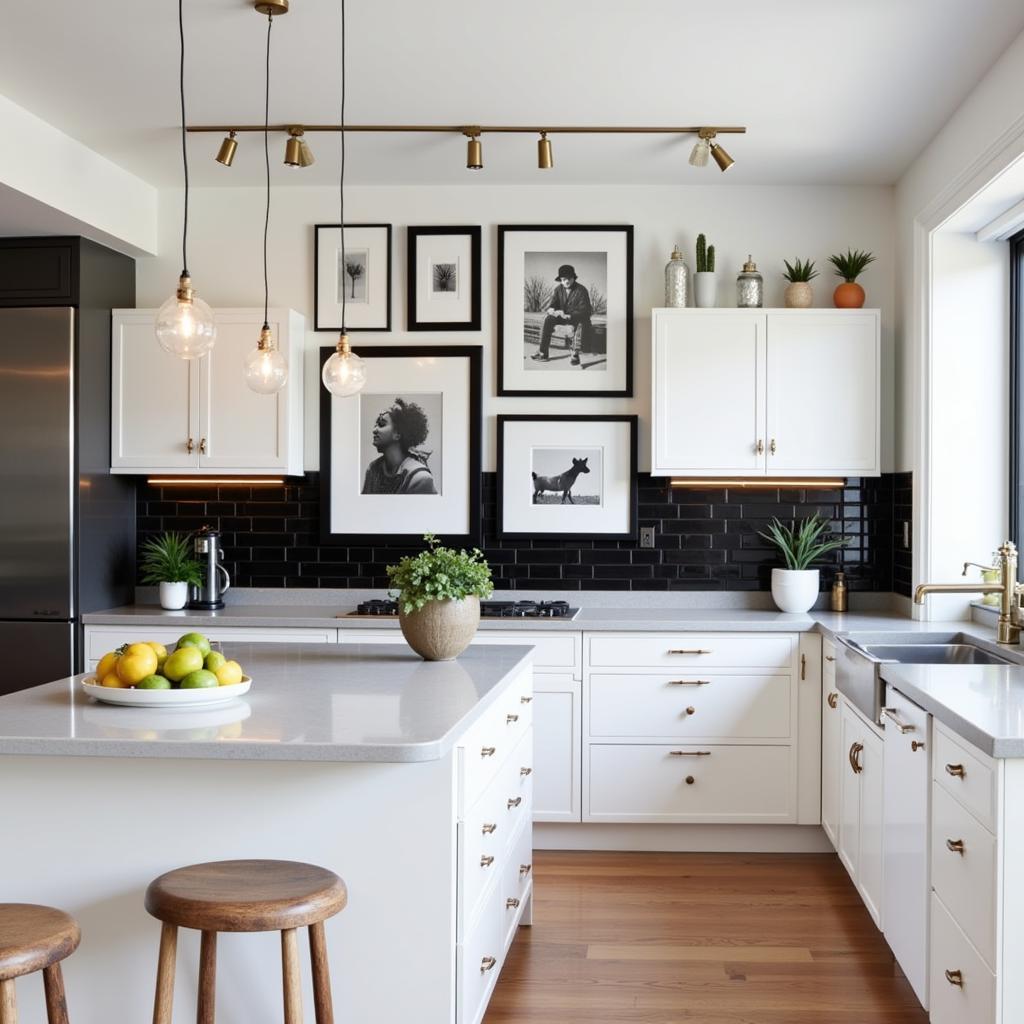 Lighting and Black Wall Art in a Kitchen