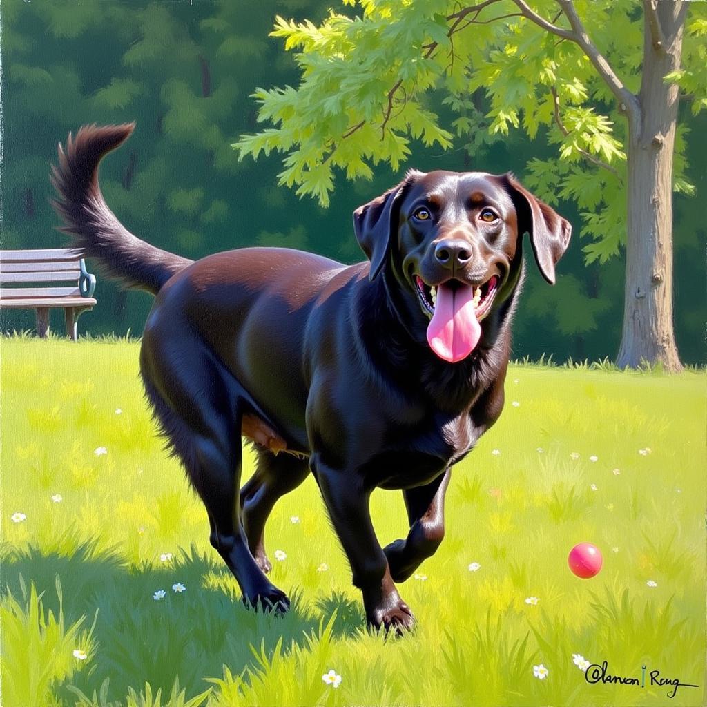 Black Lab Playing Fetch in Impressionistic Style